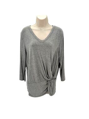 Premise Studio Womens Gray 3/4 Sleeve V-Neck Top Side Knot Detail Size Large